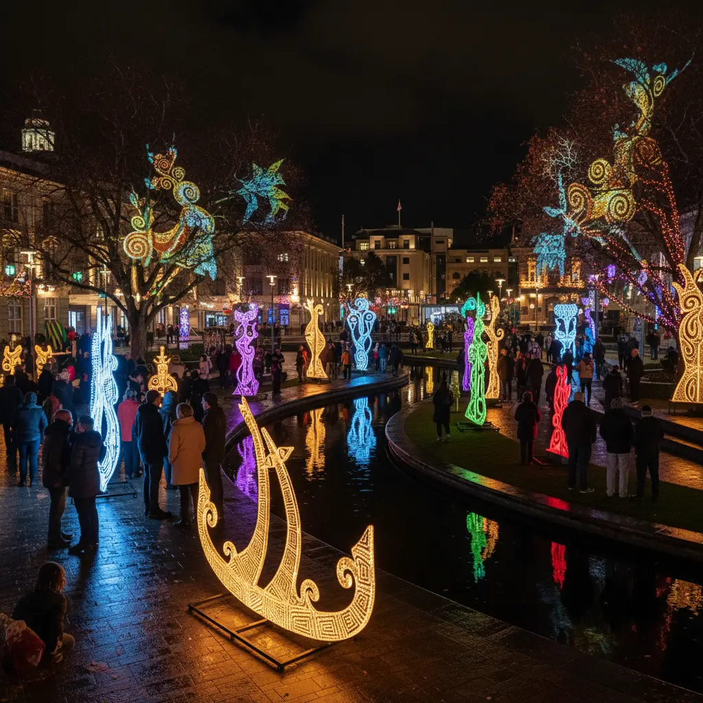 Tīrama Mai light festival installations in Victoria Square Christchurch