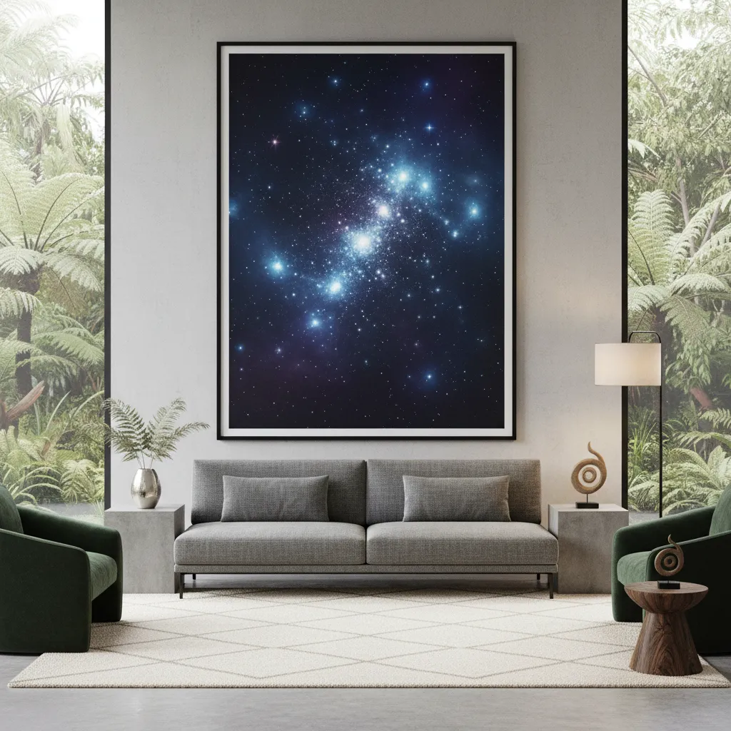 Framed art prints of Matariki stars in a modern home setting