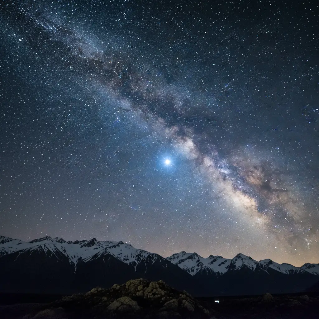 The star Puanga (Rigel) rising in the night sky over New Zealand mountains
