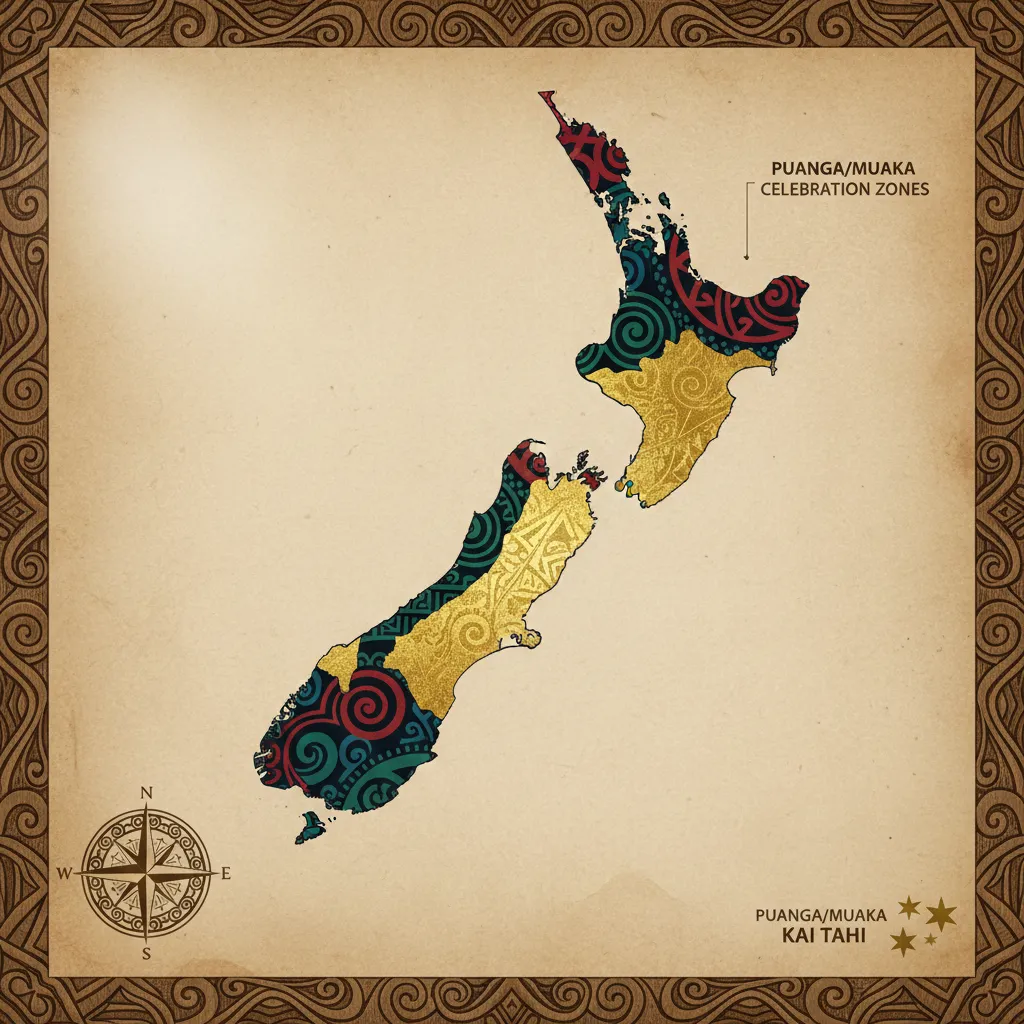 Map of New Zealand regions celebrating Puanga and Puaka