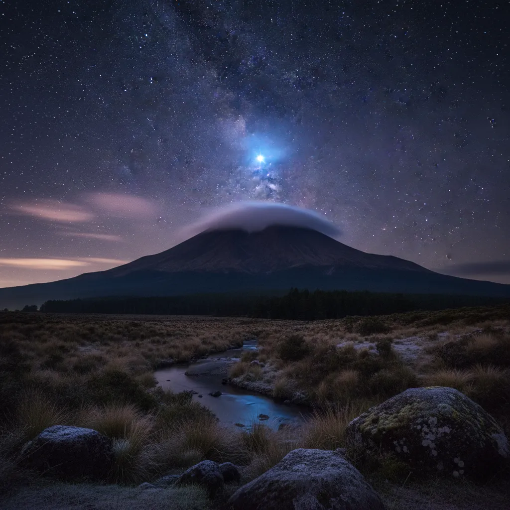 Mount Taranaki silhouette with Puanga star rising above the peak