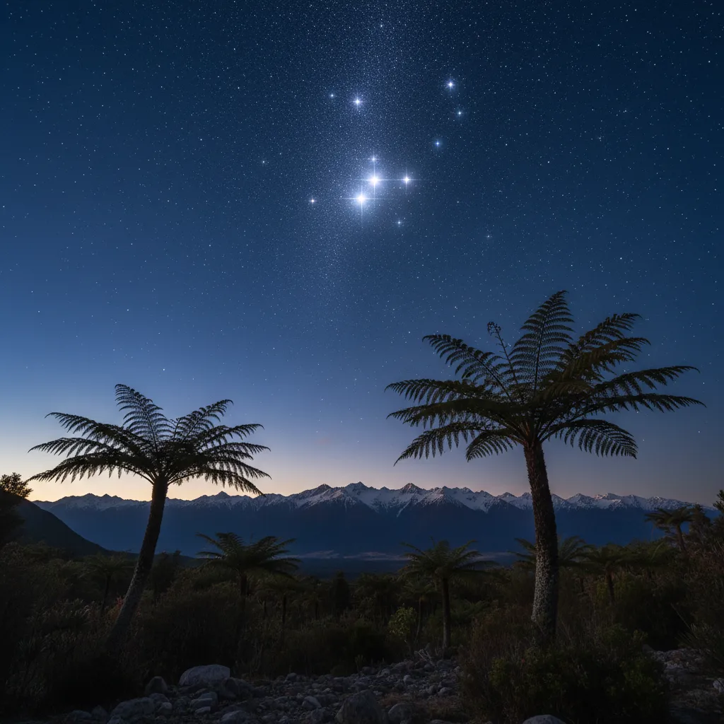 The Matariki star cluster rising over the New Zealand landscape