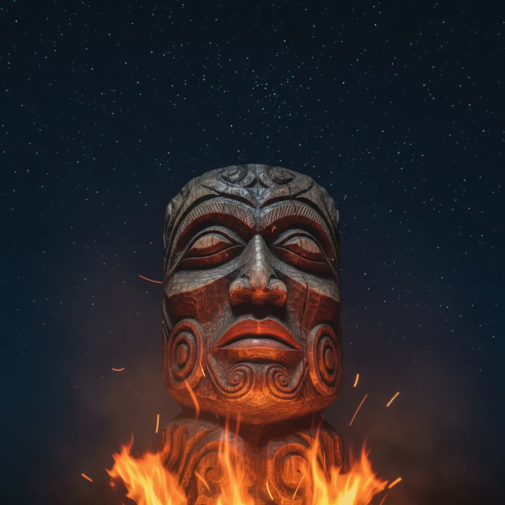 Māori carving looking towards the night sky