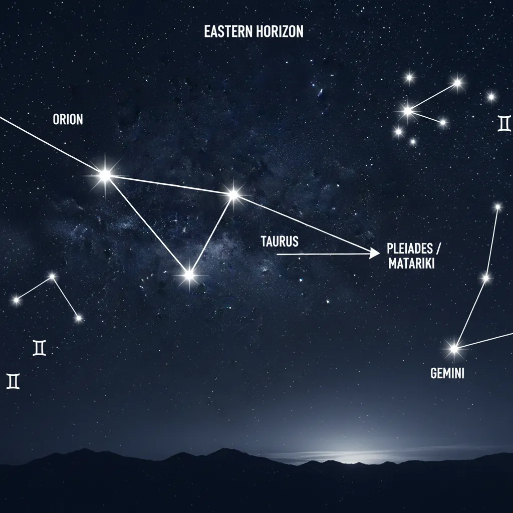 Star chart guide to finding Matariki from Orion's Belt