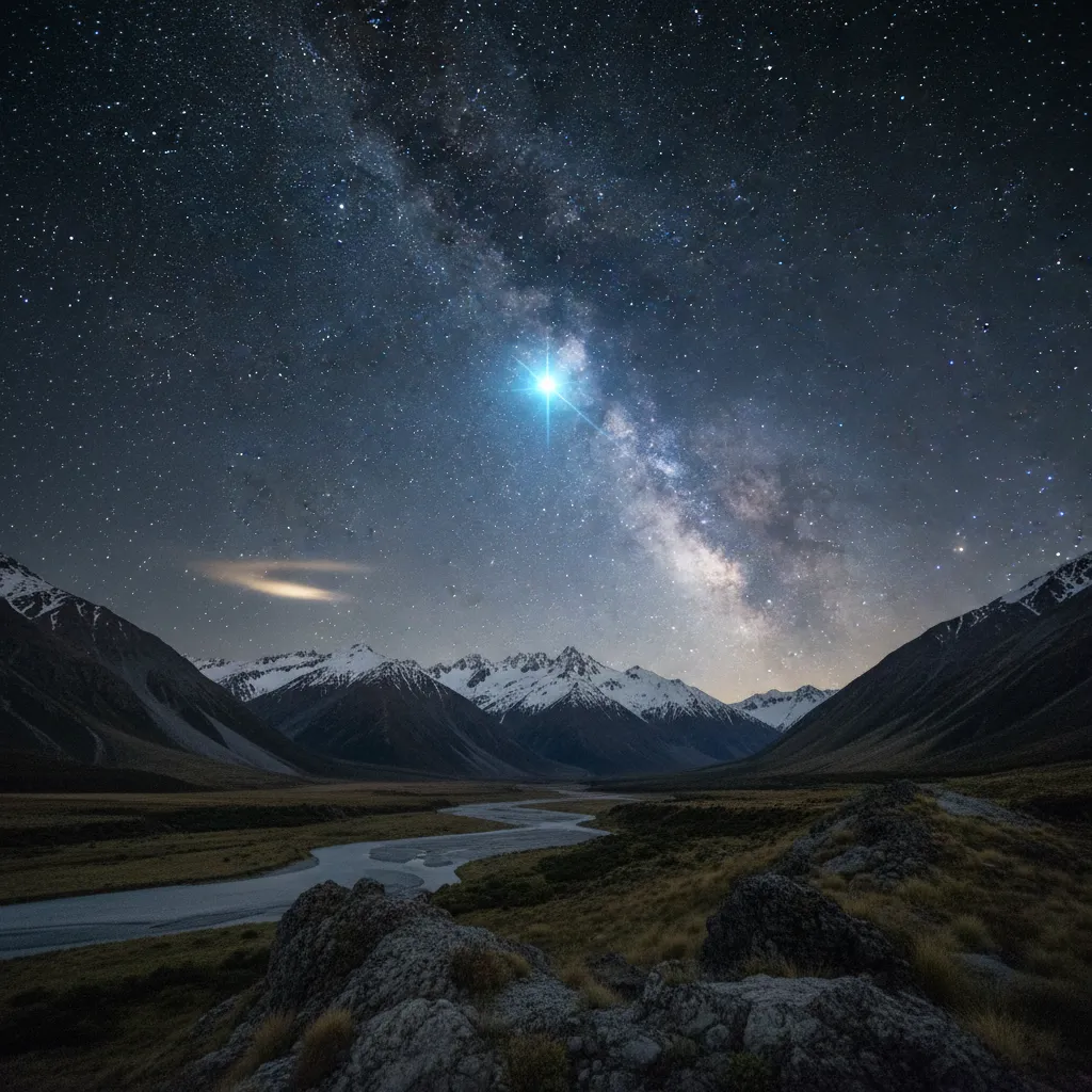 The night sky showing the constellation Orion and the bright star Puanga