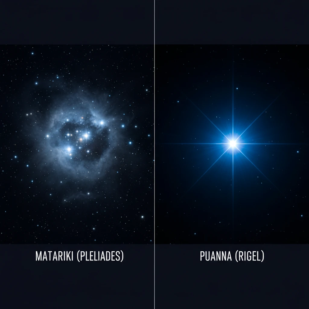 Visual comparison between the Matariki star cluster and the single Puanga star