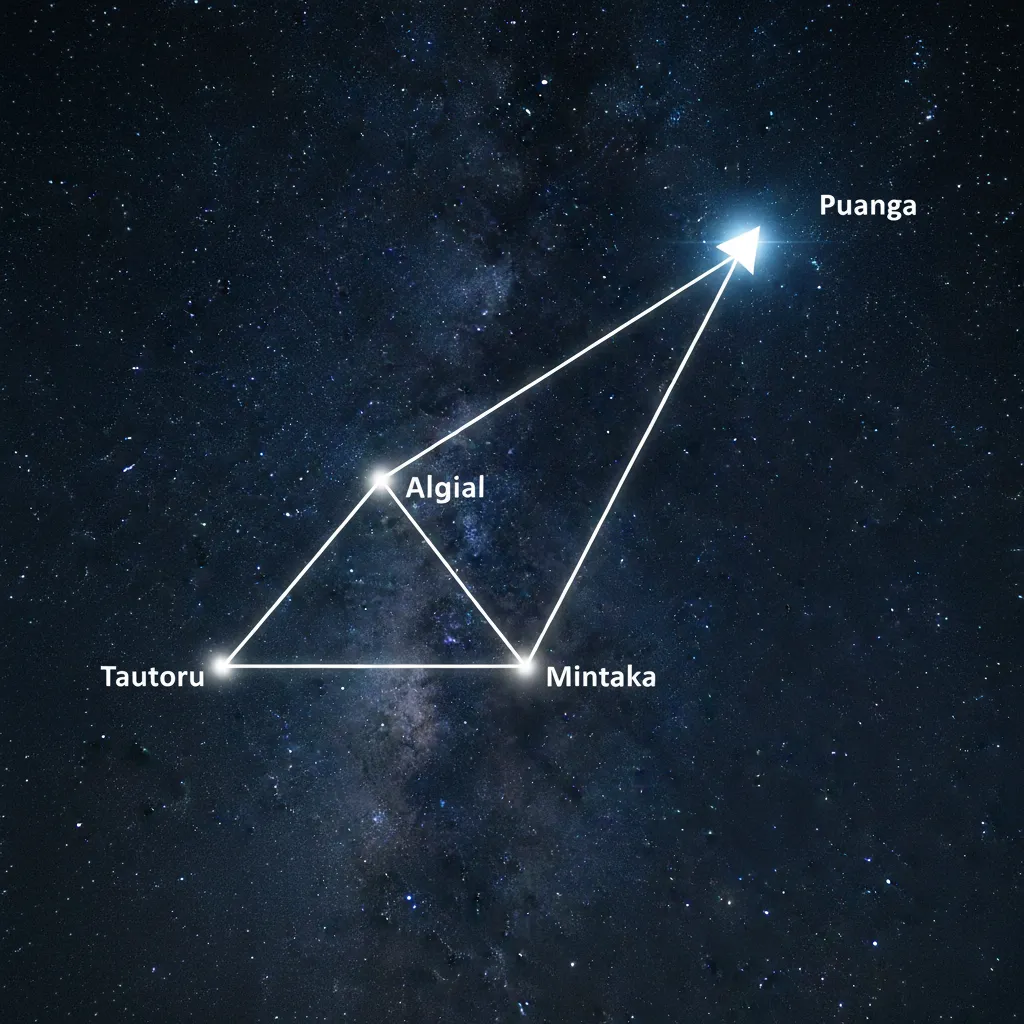 Diagram showing how to use Orion's Belt to point to Puanga