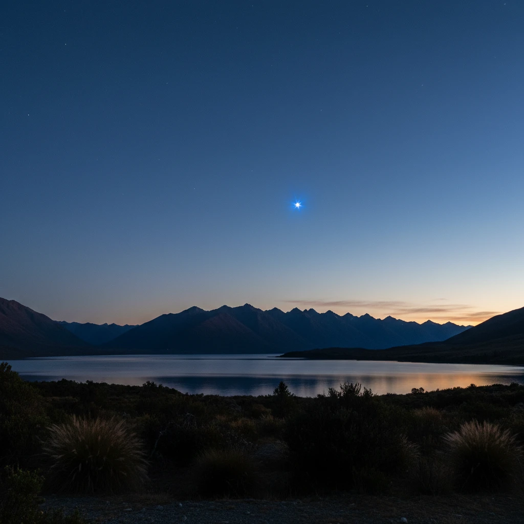 Puanga star rising in the pre-dawn sky over New Zealand mountains