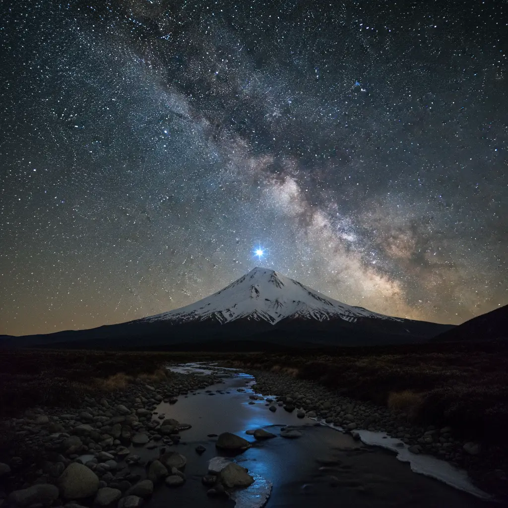 Mount Taranaki under the night sky with Puanga visible