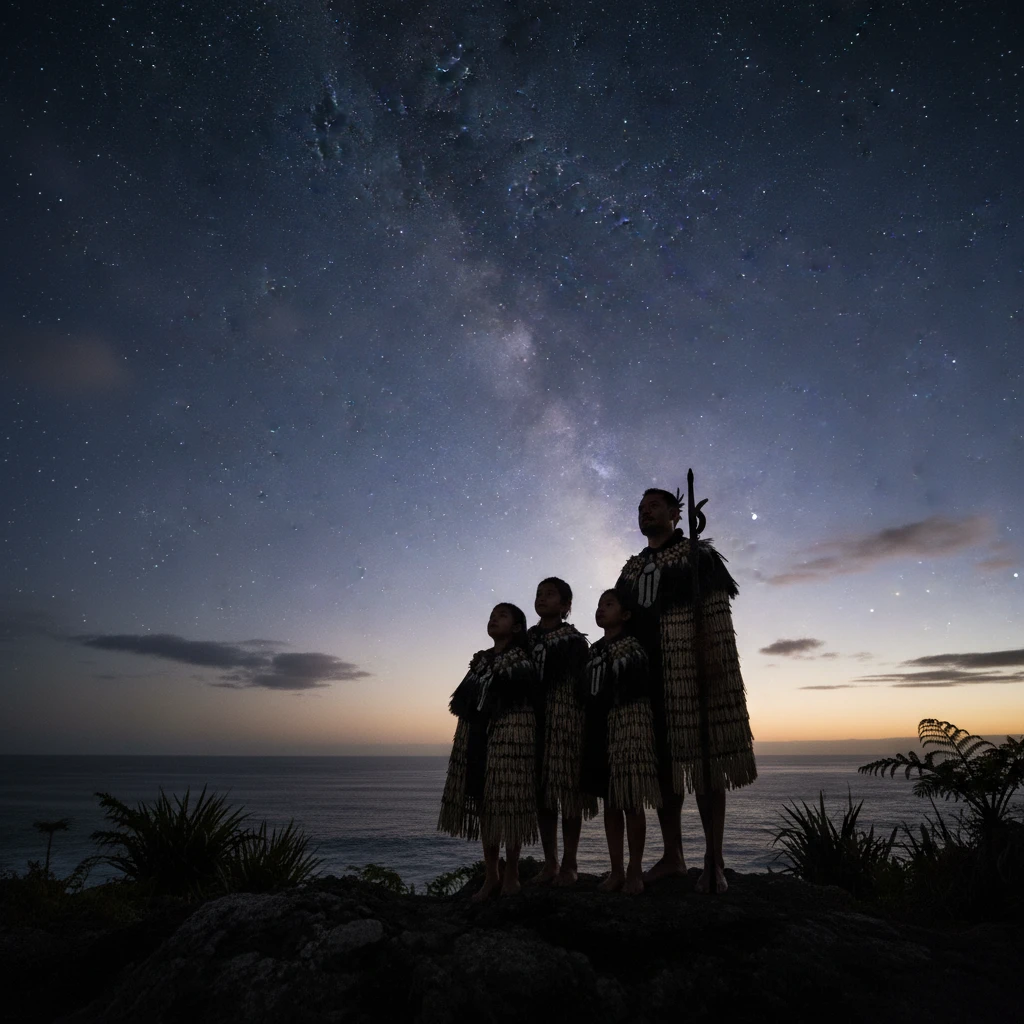 Family observing the Matariki stars at dawn
