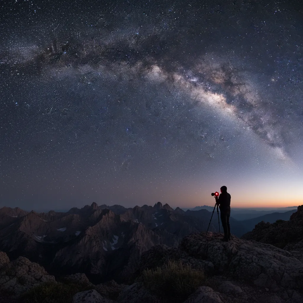 Photographer setting up a tripod to capture Puanga in the night sky