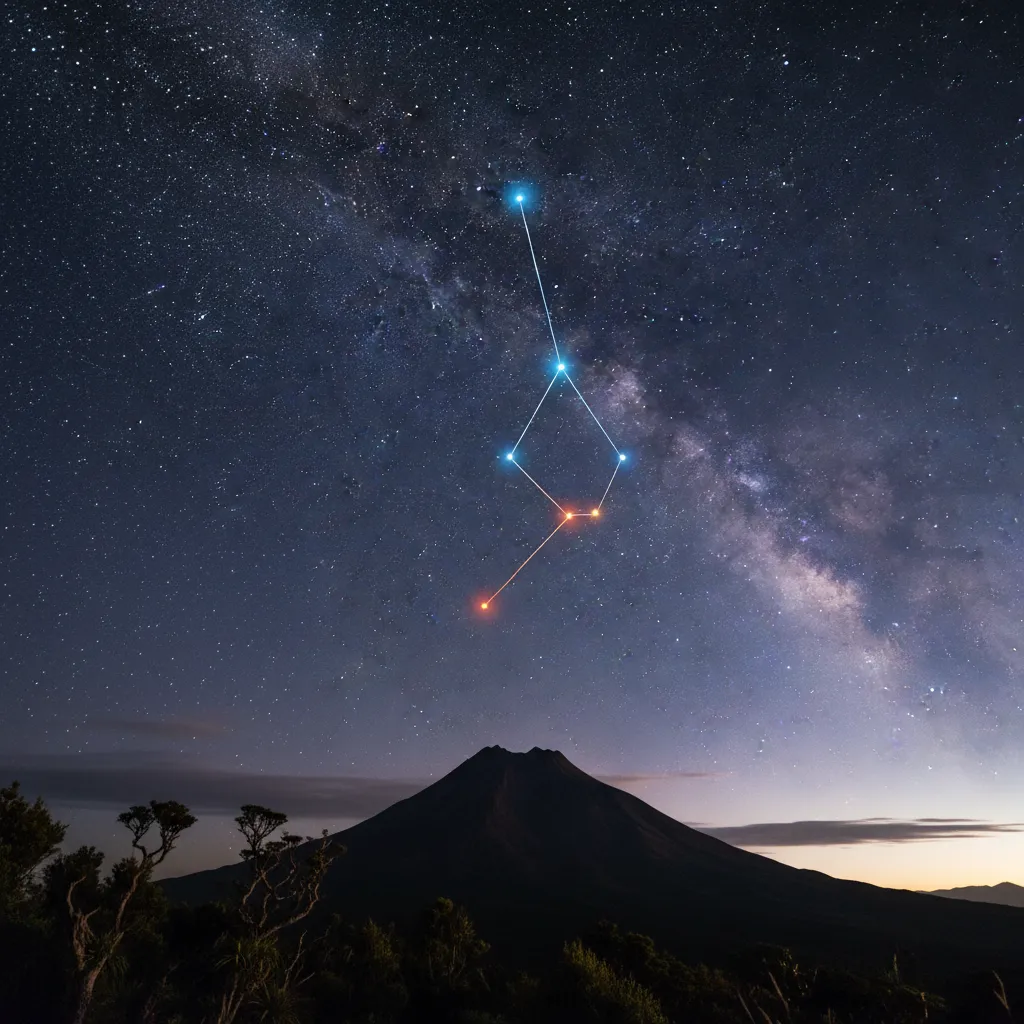 Puanga star map visualization over Mount Taranaki