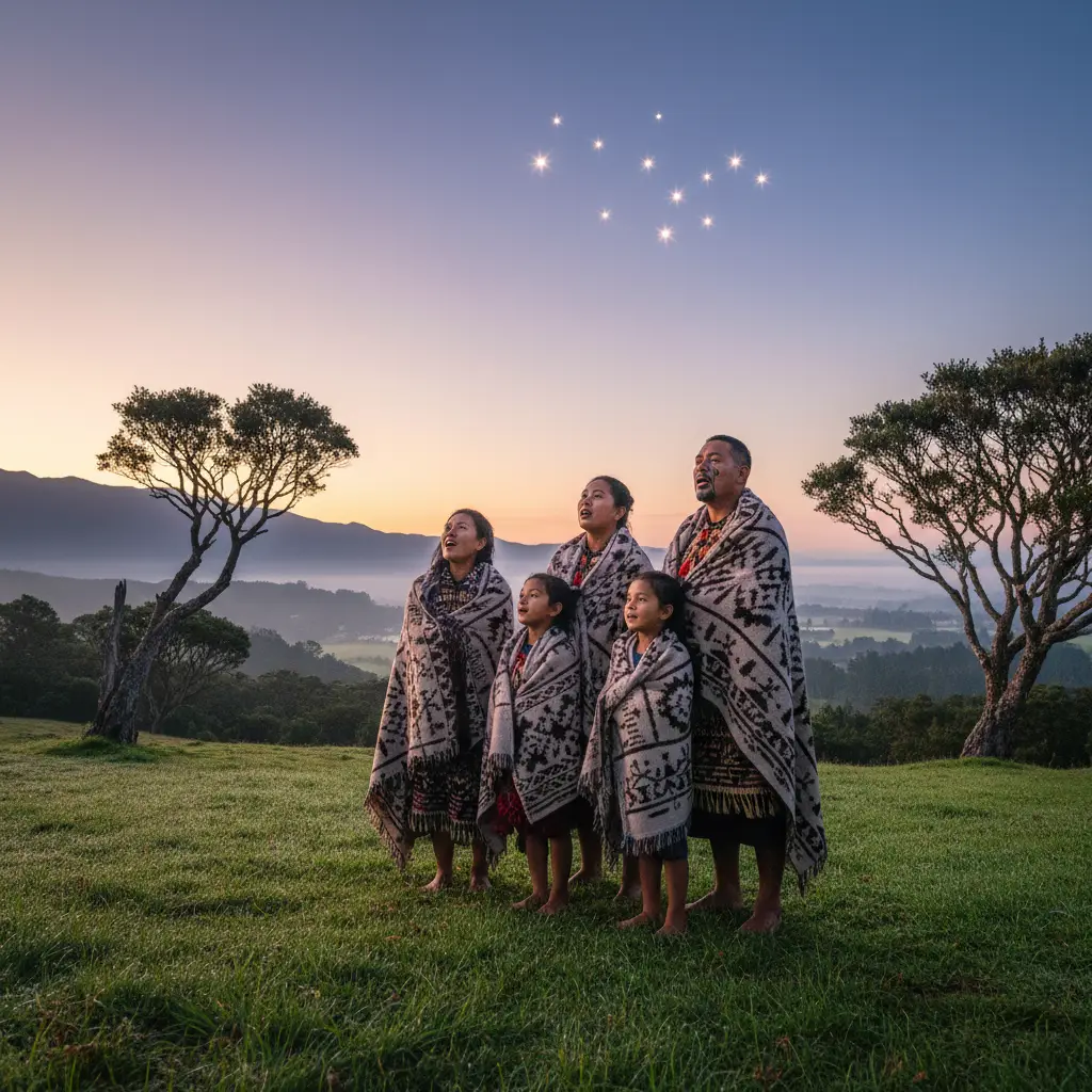 Family observing Matariki at dawn to send wishes to Hiwa-i-te-rangi