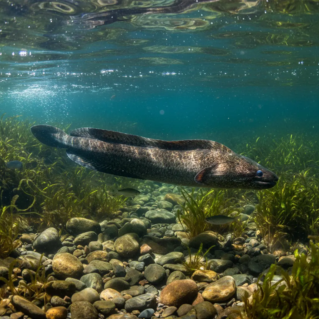 New Zealand Longfin eel in a freshwater stream