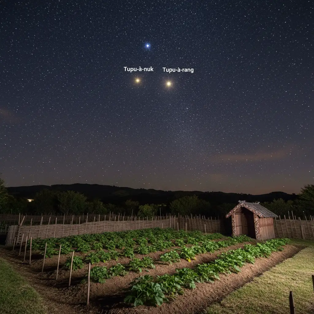 The Matariki star cluster shining over a traditional food garden