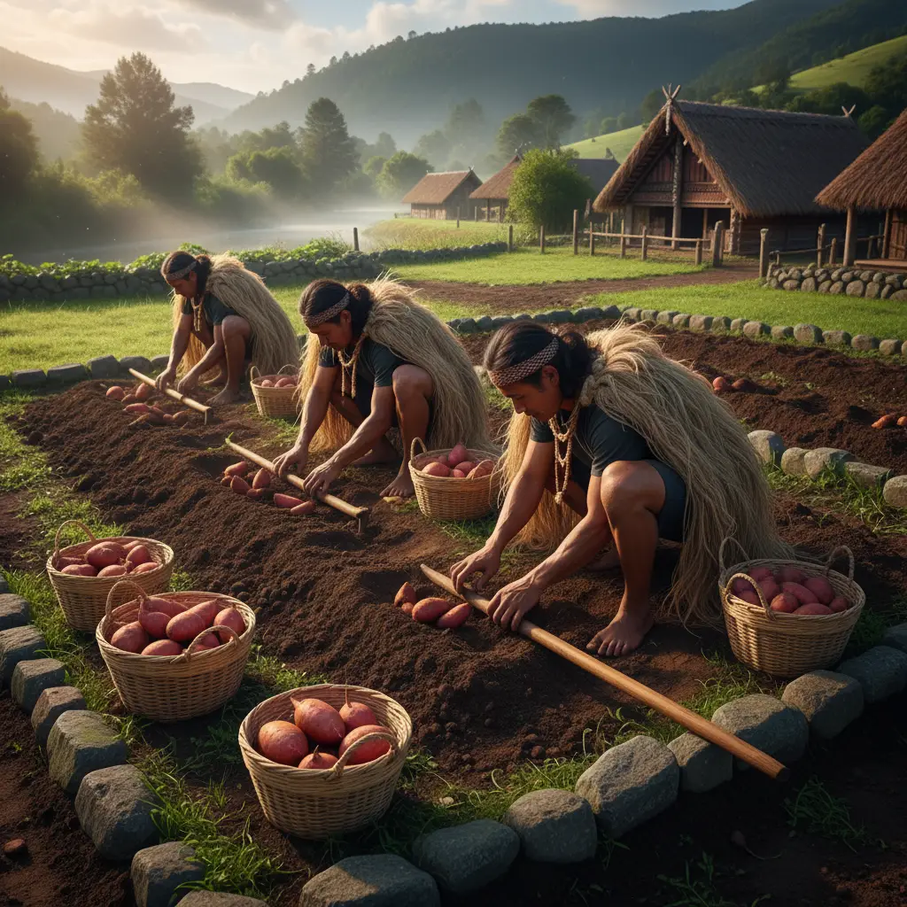 Harvesting kumara into traditional woven baskets