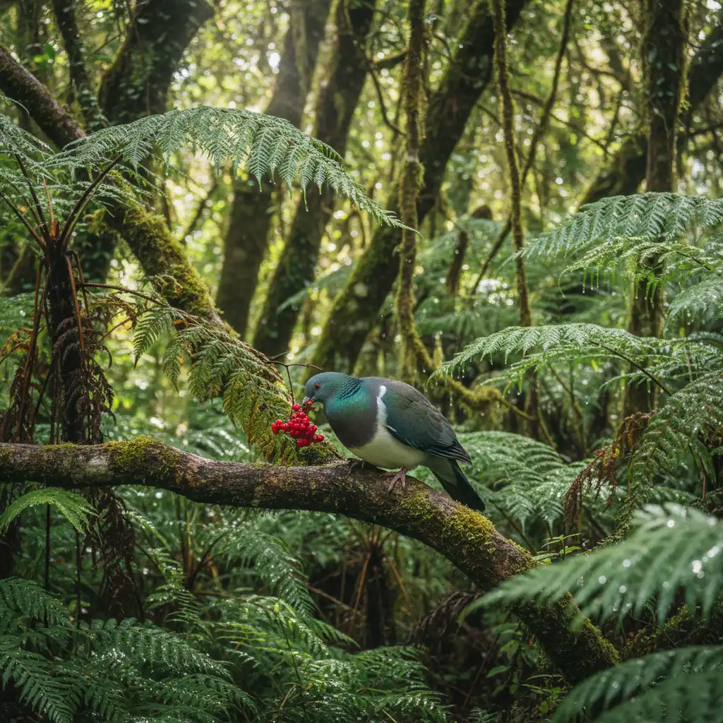 Kererū bird eating berries in a native New Zealand forest