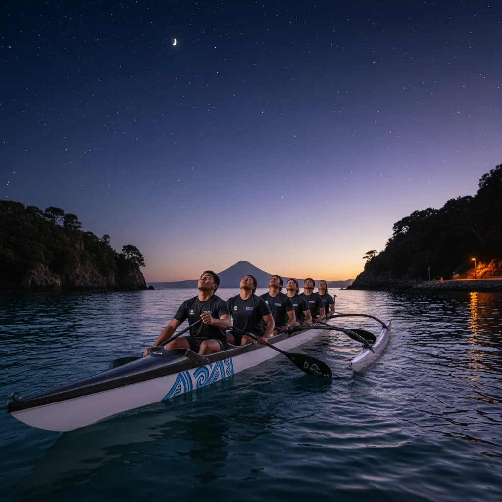 Waka Ama team preparing for a twilight paddle