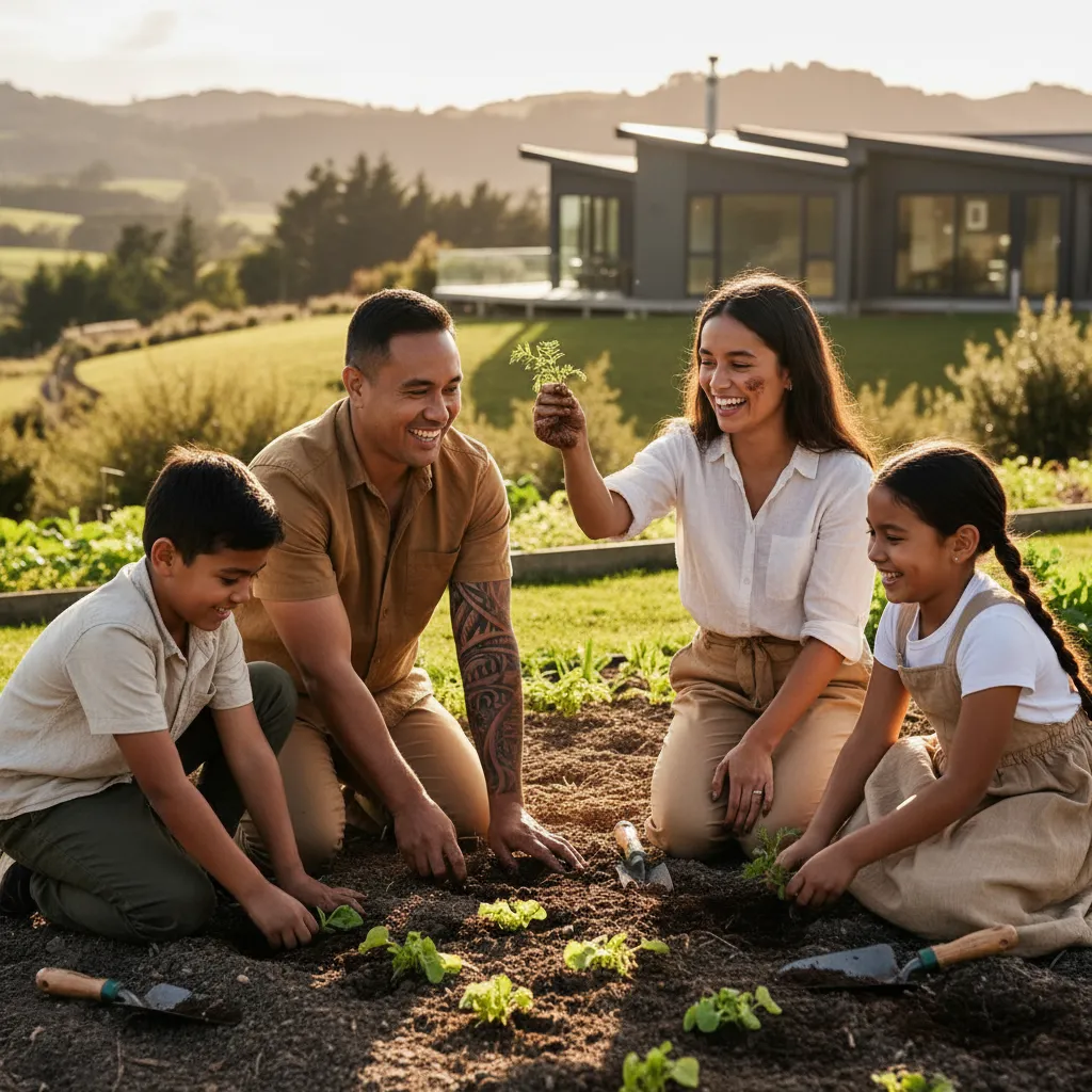 Family engaging in sustainable gardening practices