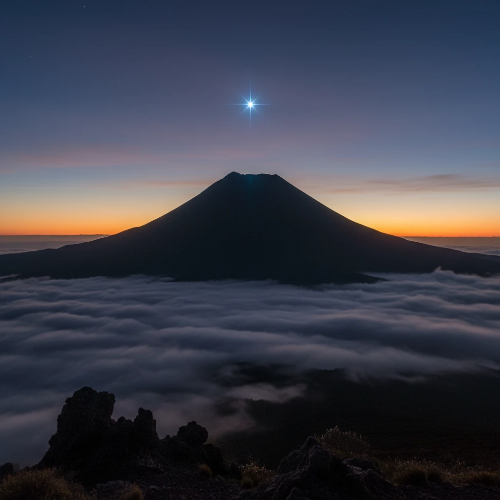 Mount Taranaki silhouette with the bright star Puanga rising above it