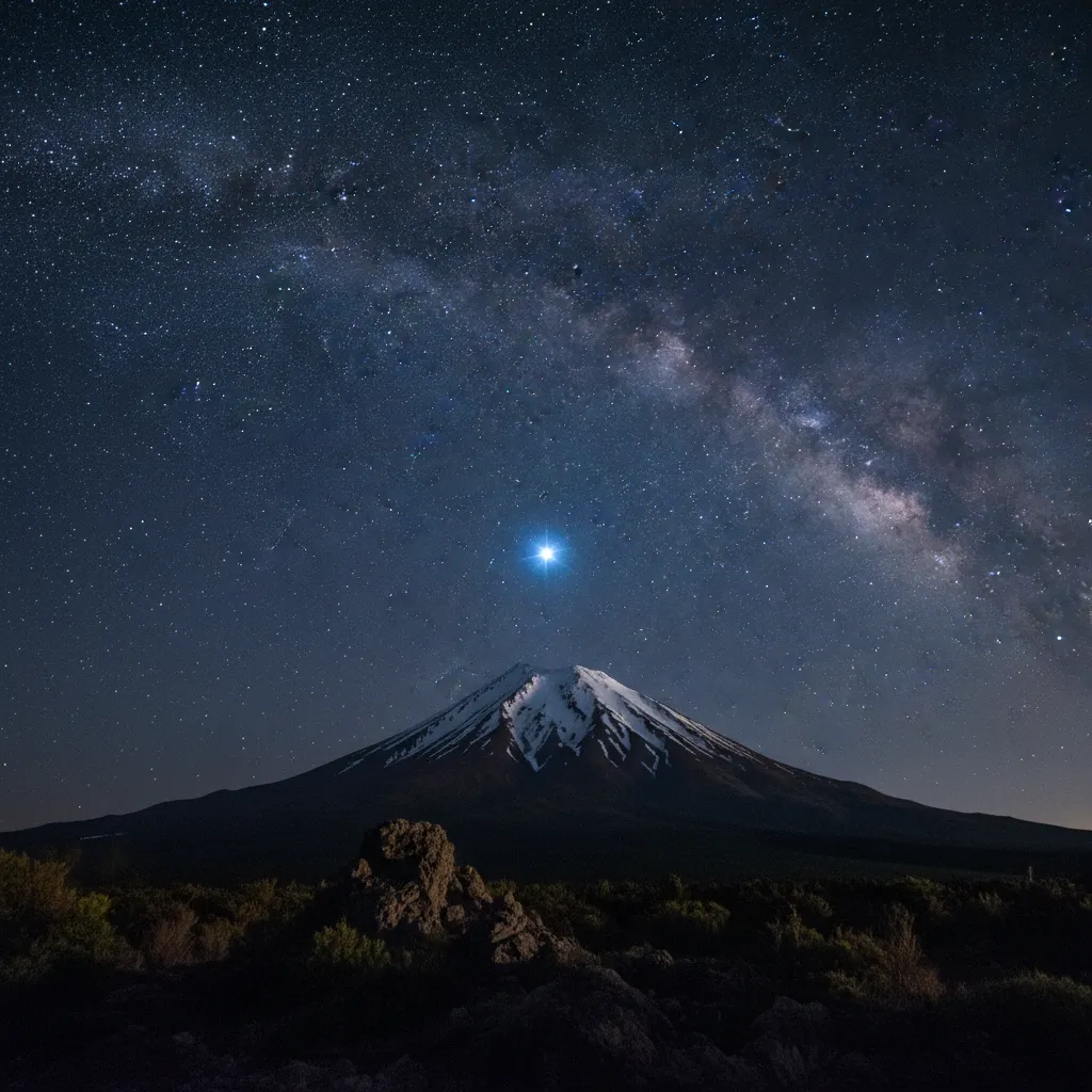 Puanga star Rigel shining over Mount Taranaki night sky