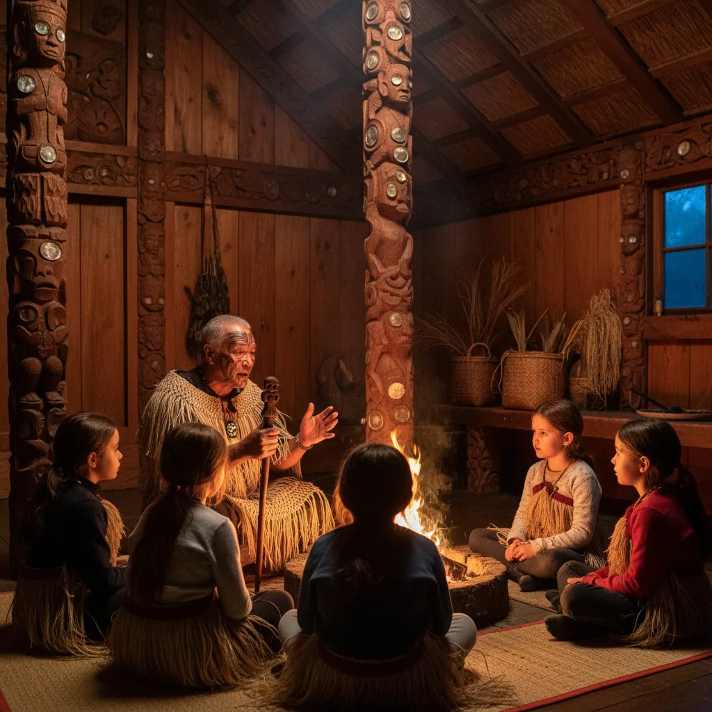 Maori elder teaching whakapapa in a wharenui during Puanga