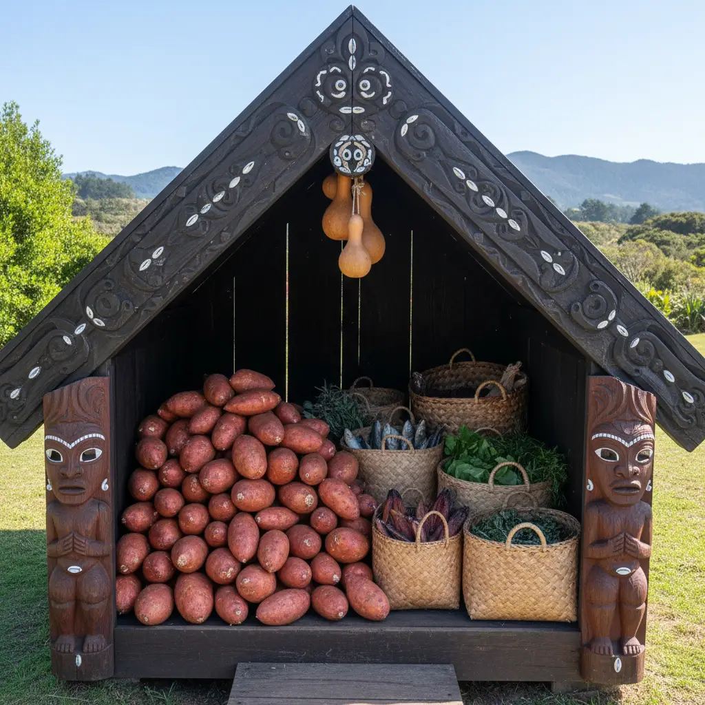 Traditional Maori Pataka storehouse filled with harvest food