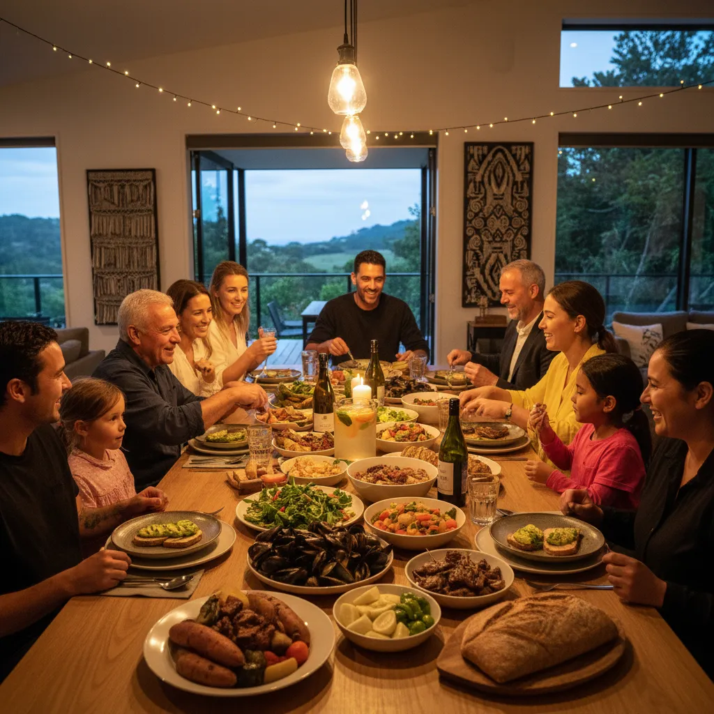 Whānau sharing a feast to celebrate the New Year