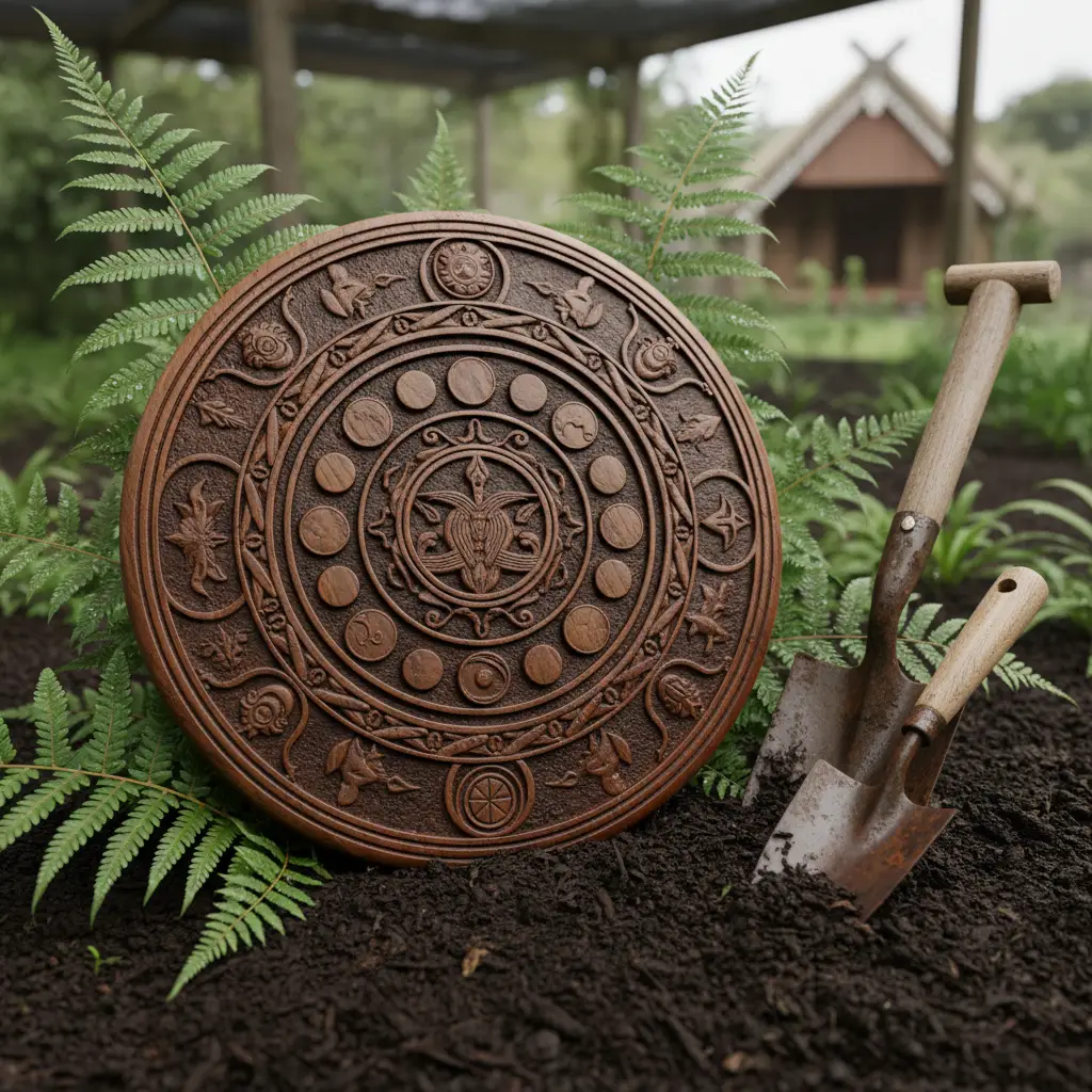 Traditional Māori lunar calendar dial on garden soil
