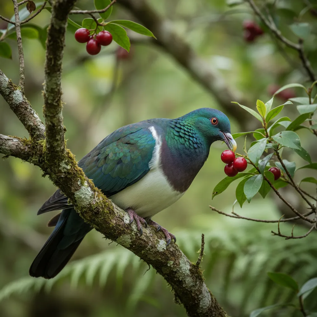 Kererū feeding on Miro berries in the Whanganui forest