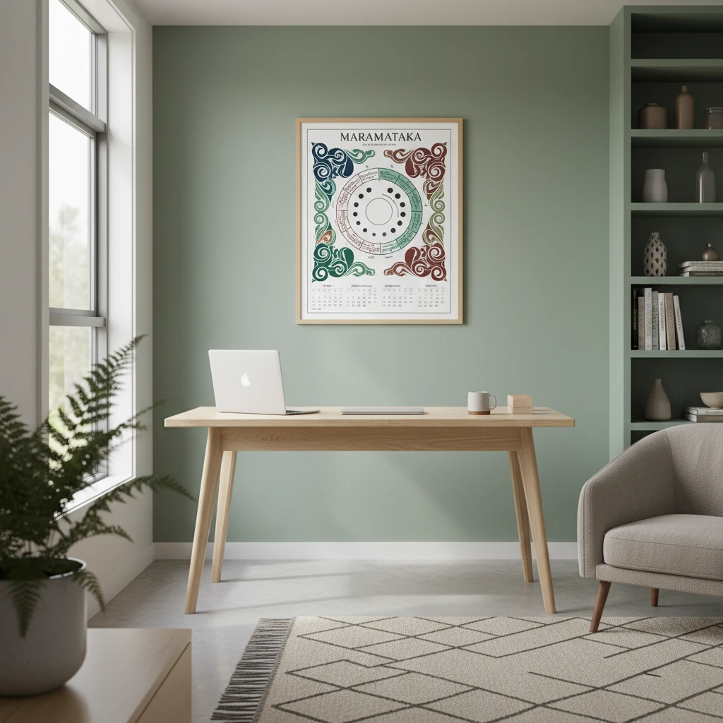 A framed 2025 Maramataka wall planner hanging in a modern NZ home office