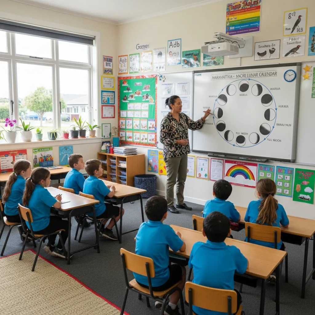 Teacher using magnetic Maramataka resources in a NZ classroom