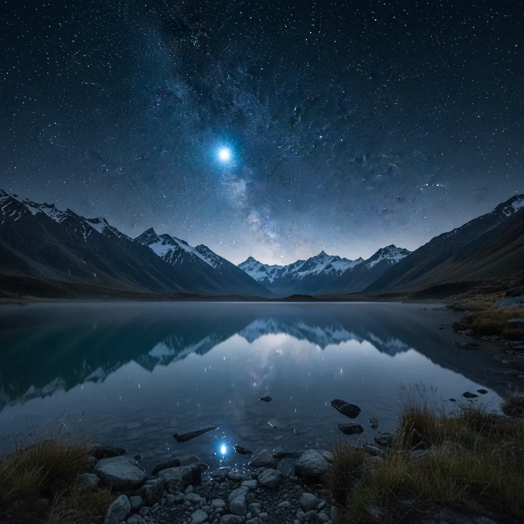 The star Puaka and Matariki cluster over the Southern Alps
