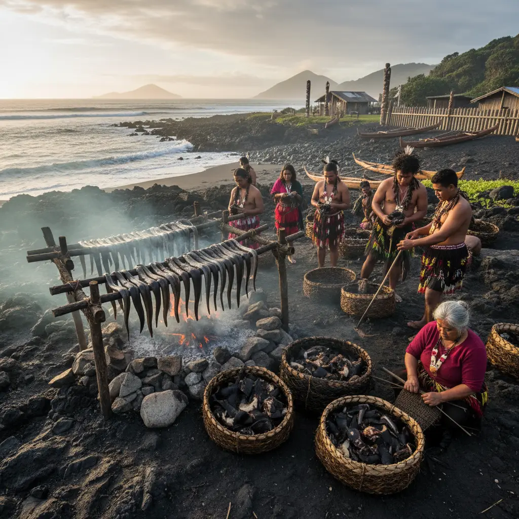 Traditional preservation of eels and muttonbirds in kelp bags