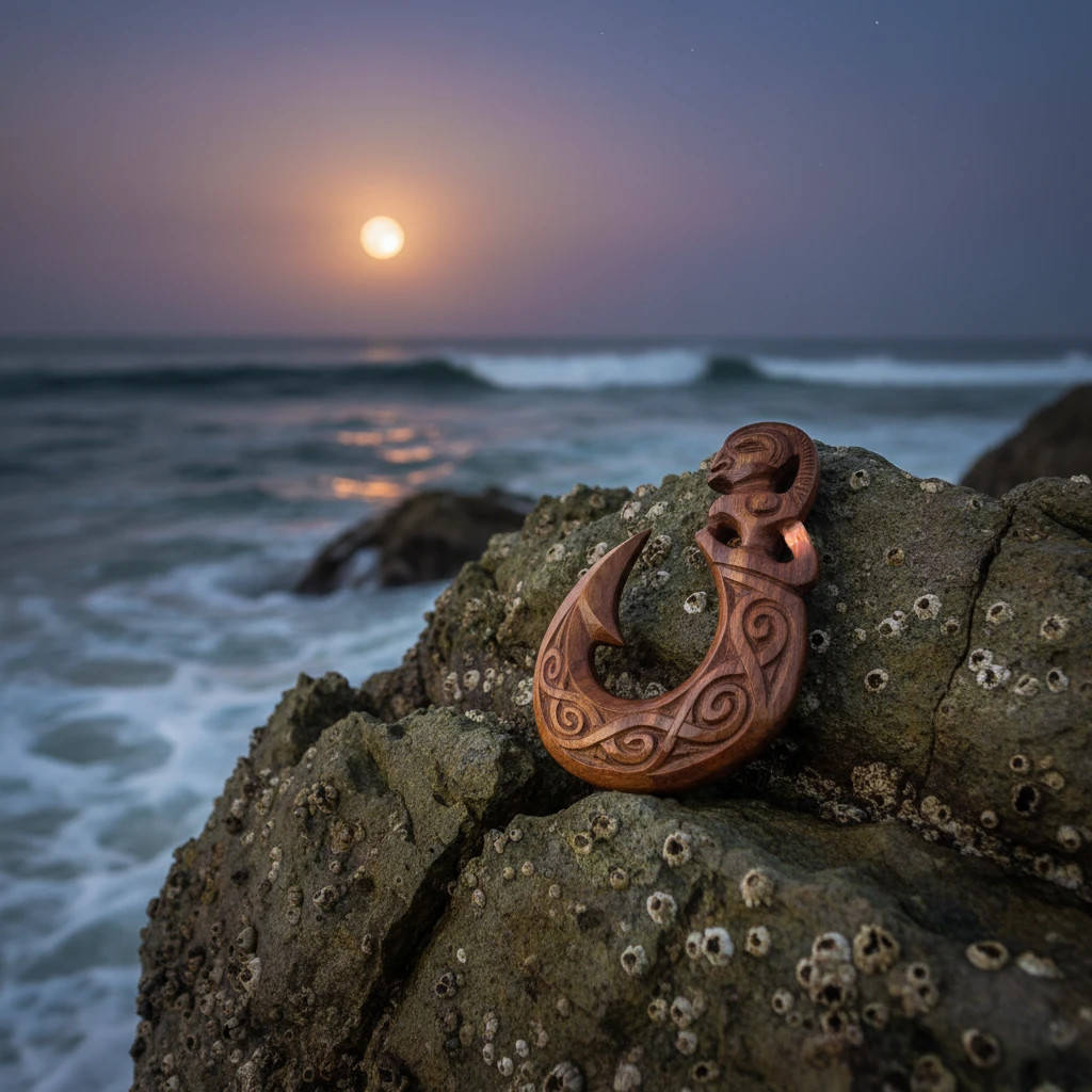 Traditional Māori fish hook representing the Maramataka fishing calendar