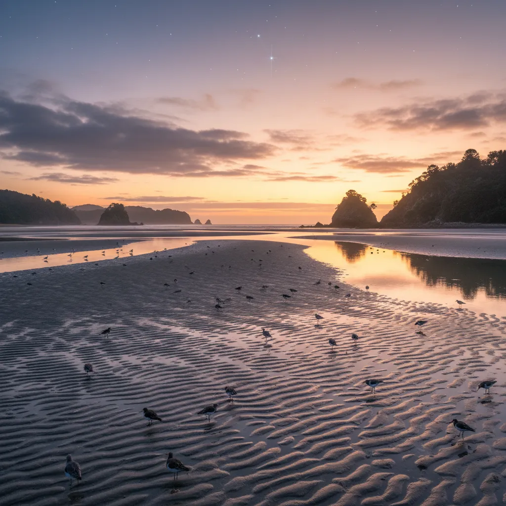 Coastal estuary at low tide representing the connection between tides and stars
