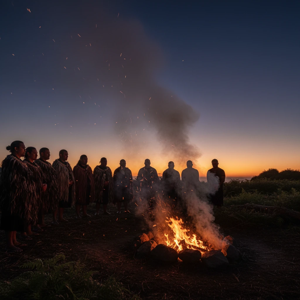 Hautapu ceremony with steam rising to the stars