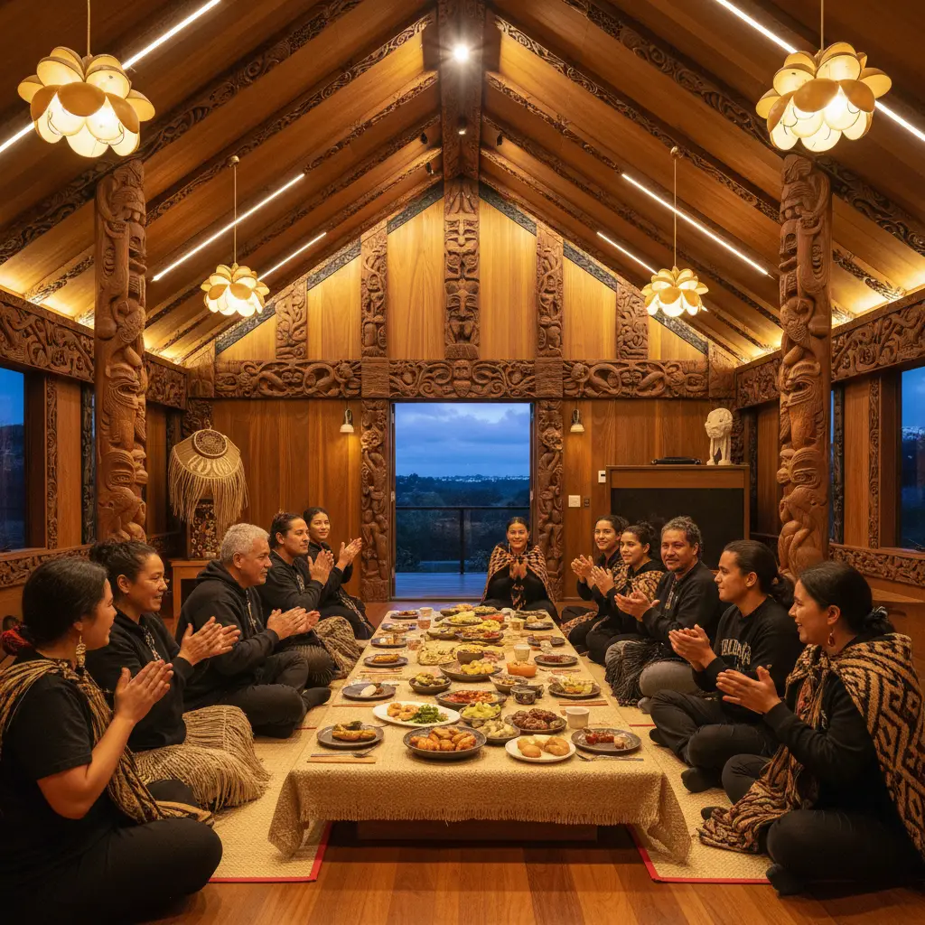Community gathering inside a Wharenui during Puanga