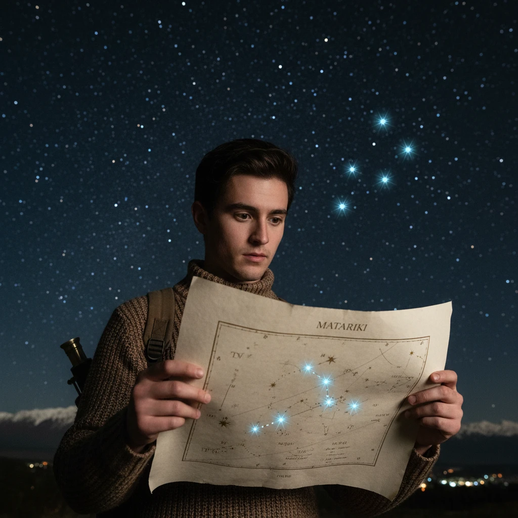 Student holding a Matariki star cluster chart