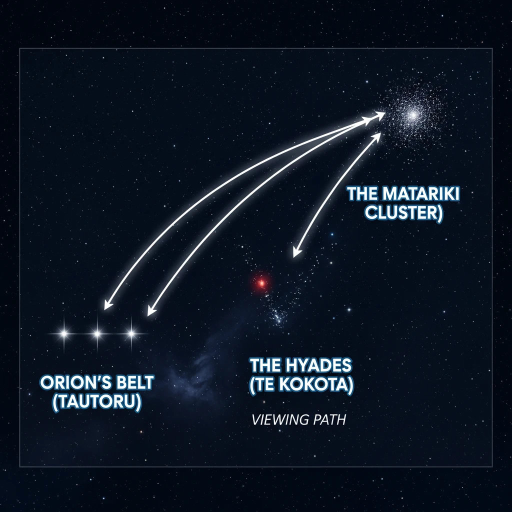 Diagram showing how to find Matariki using Orion's Belt