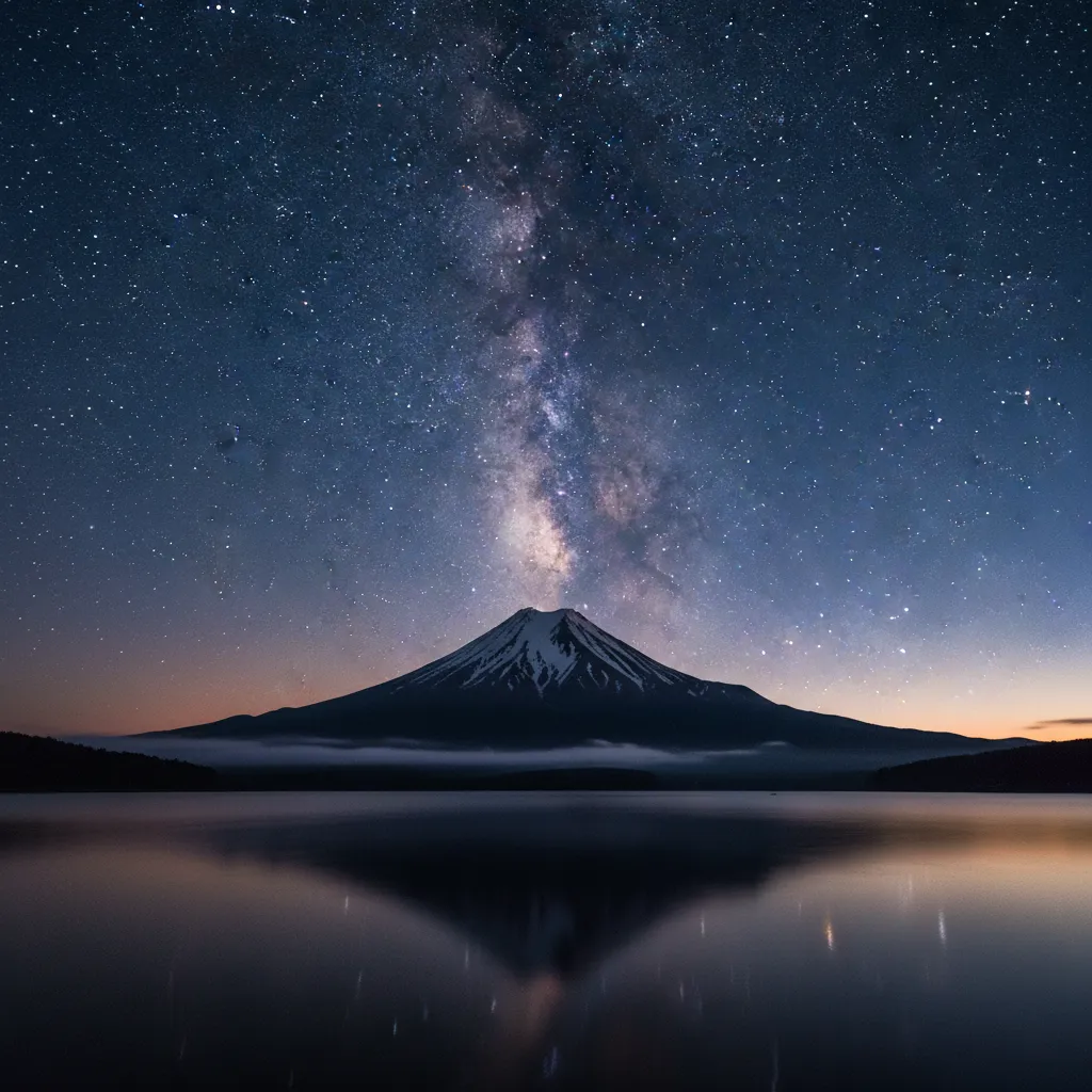 Mount Taranaki silhouetted at dawn preventing the view of low horizon stars