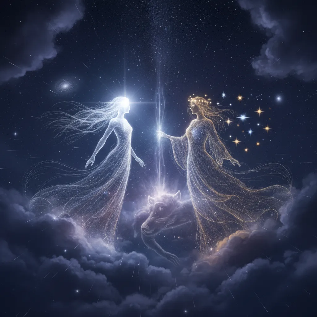 Artistic depiction of the rivalry between Puanga and Matariki