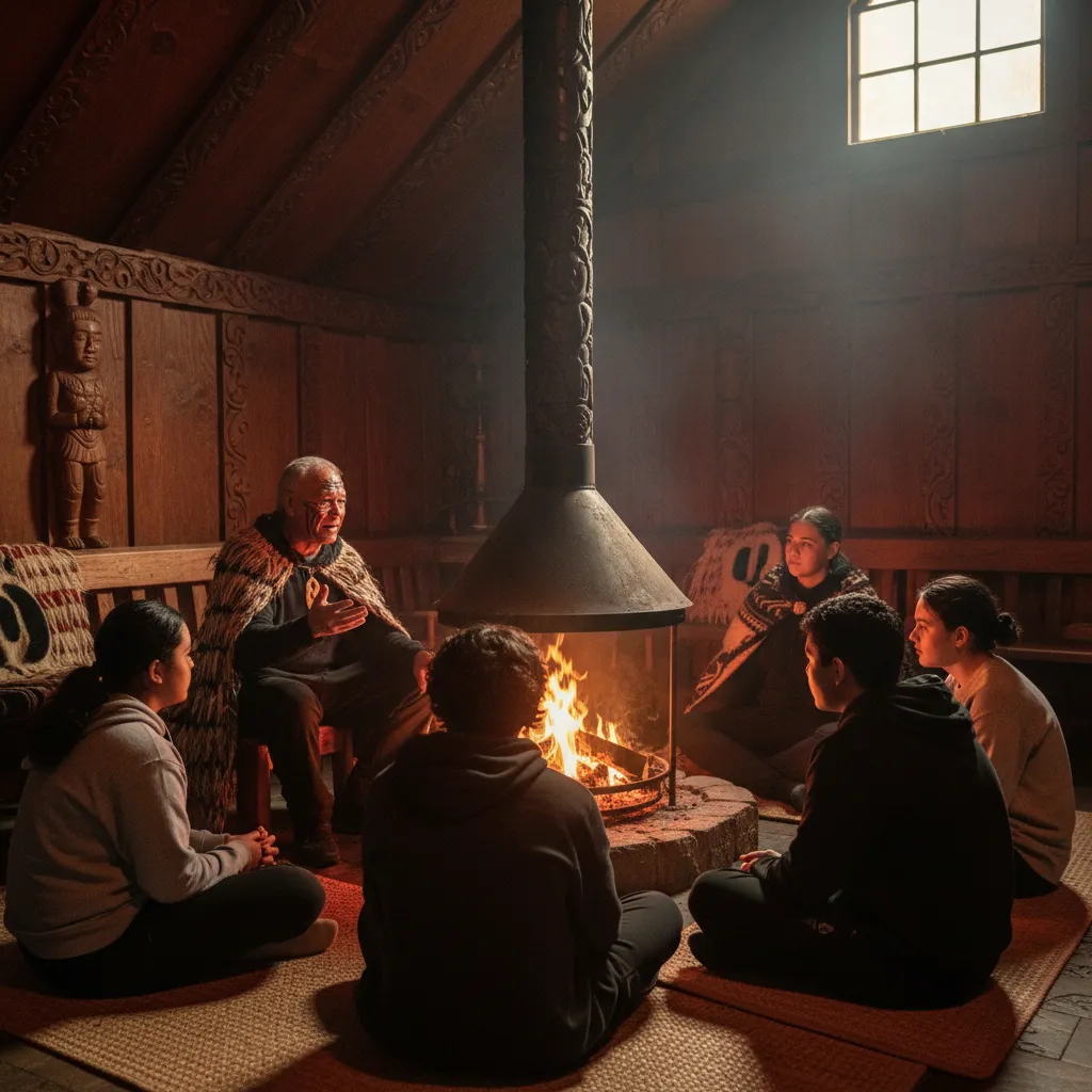 Māori elder sharing stories inside a meeting house during the Puanga season
