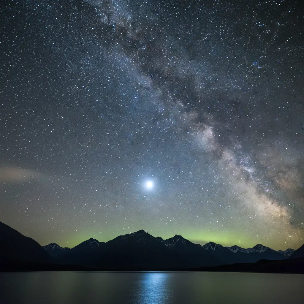 The night sky showing the Matariki cluster and the bright star Puanga