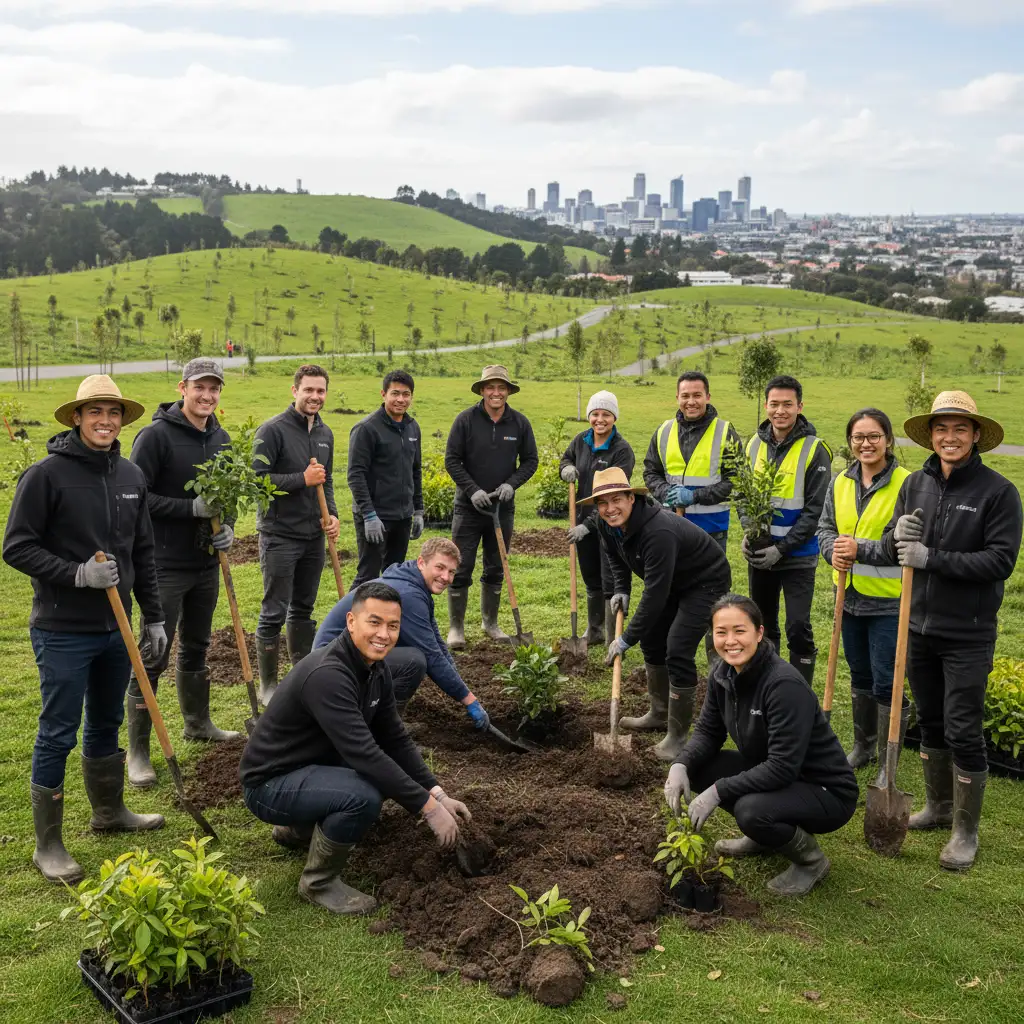 Corporate team building activity involving tree planting for Matariki