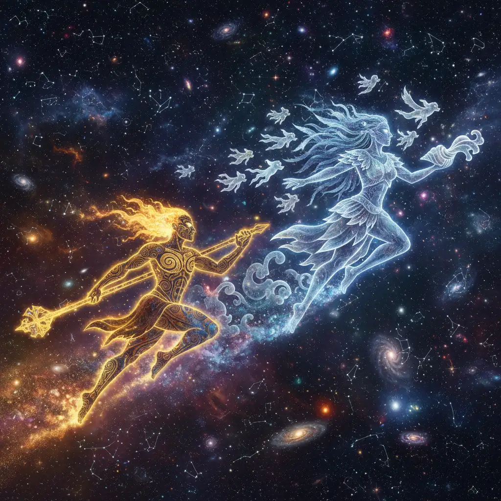 Artistic interpretation of Puanga and Matariki racing to the dawn