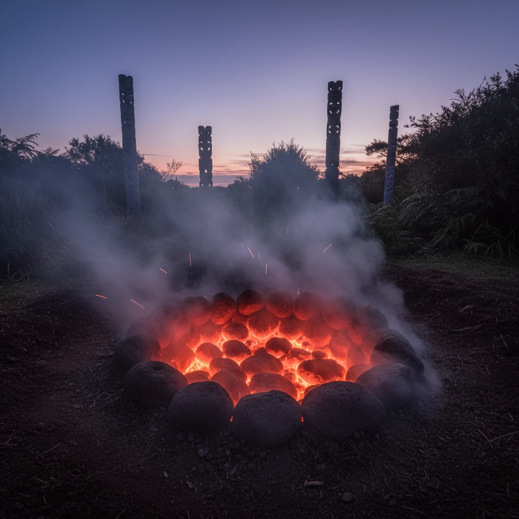 Traditional Umu pit with glowing stones ready for the Hautapu ceremony