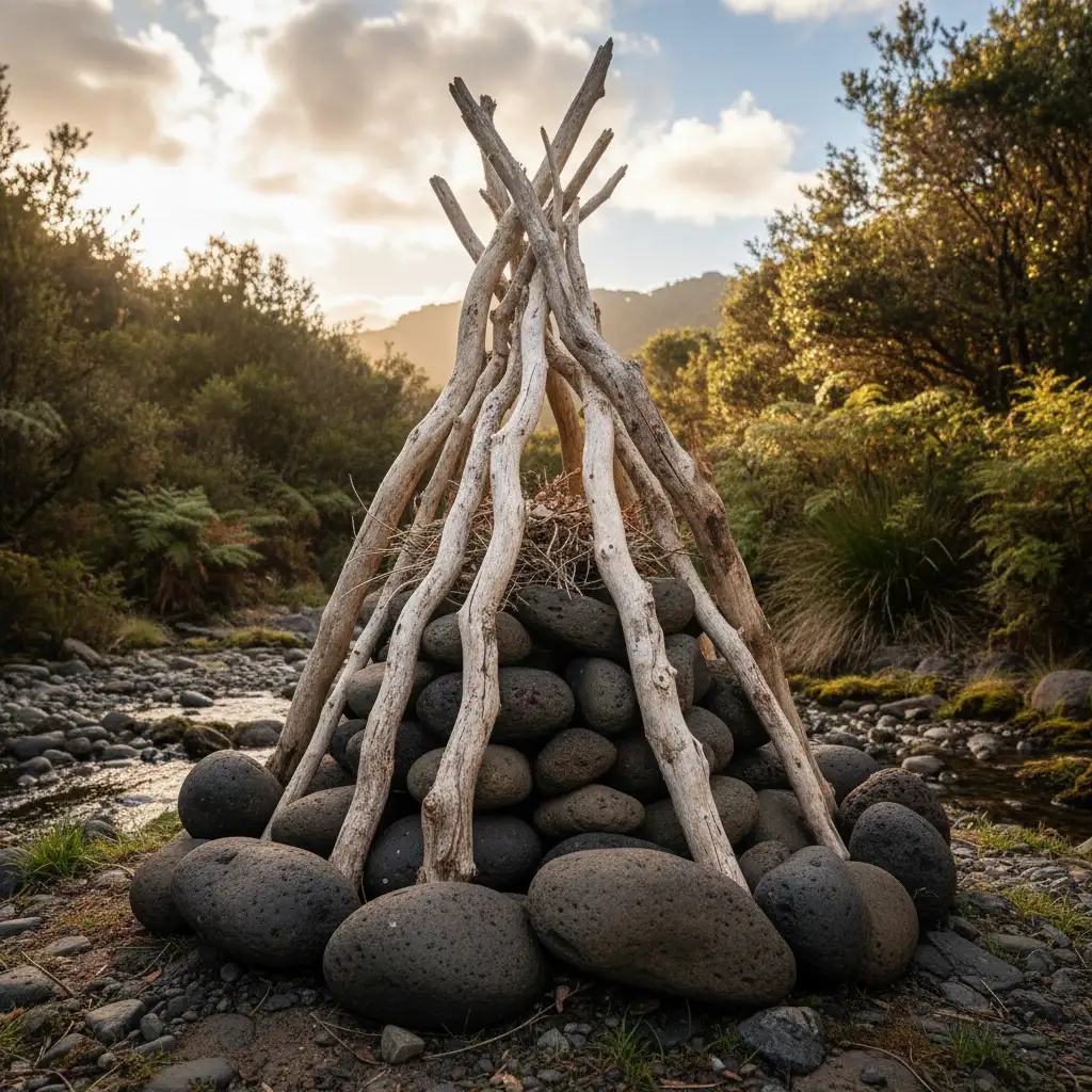 Volcanic stones and Manuka wood prepared for the Umu fire