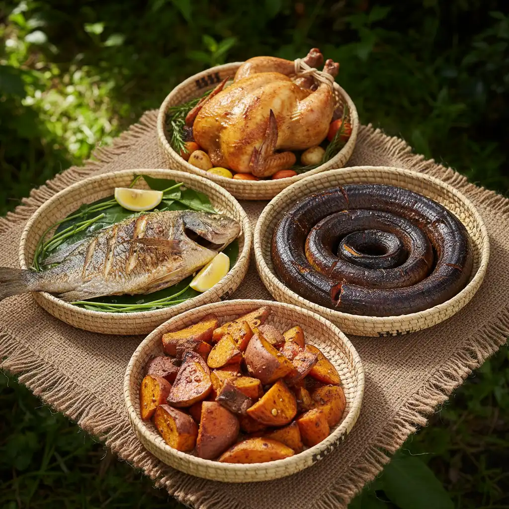The four food offerings: Kumara, Fish, Eel, and Chicken representing the Matariki stars