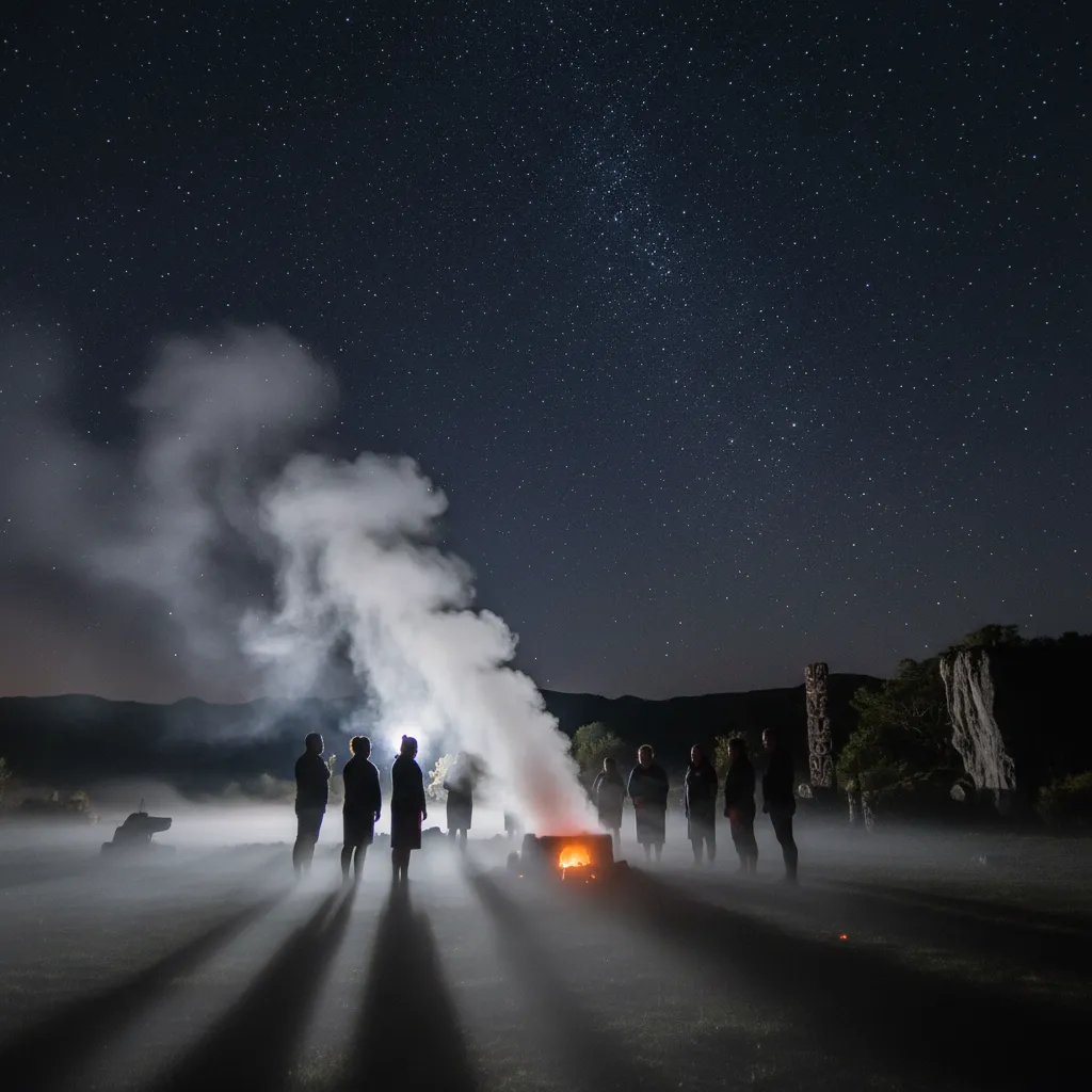 Pre-dawn Hautapu ceremony with steam rising to the stars
